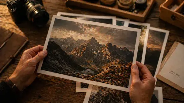 Hands holding a freshly printed landscape photo