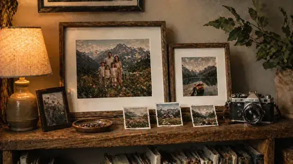 Stampa fotografica grande in cornice su una mensola, tra foto più piccole